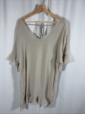 Light Tan Ruffle V‑Neck Swim Coverup with Tie Back